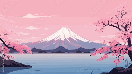 Iconic Mount Fuji in the distance with a foreground of blooming sakura trees capturing the picturesque landscapes synonymous with Japan. simple minimalist illustration creative