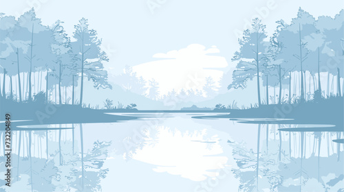 Peaceful riverside forest scene with a mirrored reflection in the water  symbolizing introspection and inner peace. simple minimalist illustration creative
