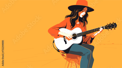 Illustration of a Western woman with a guitar  embodying the musical heritage and contemporary artistic expression prominent in Western societies. simple minimalist illustration creative