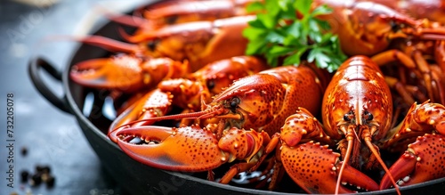 A table displays a pan filled with cooked lobsters and parsley, creating a delectable seafood dish.