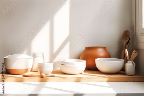 Stylish kitchen furniture from ceramic bowls  plates and cups with shadow shapes from the reflection of light from the window