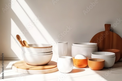 Stylish kitchen furniture from ceramic bowls, plates and cups with shadow shapes from the reflection of light from the window