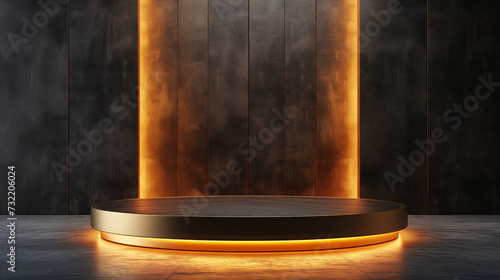An empty golden-black podium background with a pedestal stage, a luxurious podium for product presentation. Abstract rock background with neon lighting