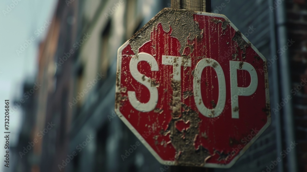 close-up of an old worn stop sign