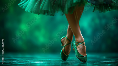 Happy St Patricks day! Irish dancer celebrating St Paddy's day, closeup, green dress and shoes, glitter photo