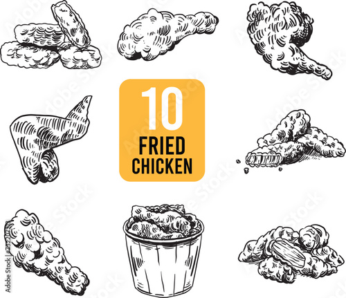 Fried Chicken isolated on white background. Design element for logo, label, sign, emblem, poster. Vector illustration