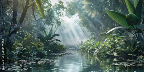 a river in the jungle with thorny green leaves  generative AI