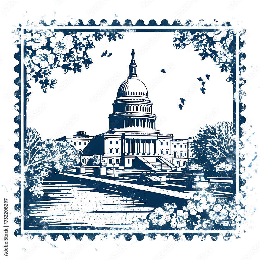 Stamp of Washington D.C. With Monochrome Blue Color Capitol Building Transparent PNG City Concept Art Tshirt Design Illustration Label Diverse City Castle Large Urban Market Project Collage 