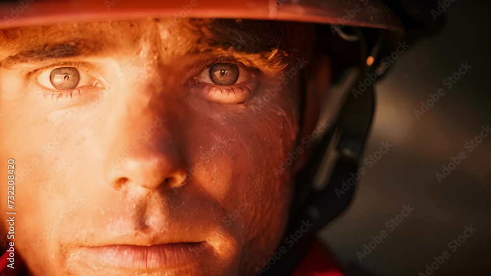 Closeup portrait of a firefighter their face sweatstained and their eyes showing the weight of battling fires and saving lives, Close Up of a Person Wearing a Helmet Closeup portrait of a firefighter their face sweatstained and their eyes showing the weight of battling fires and saving lives, Close Up of a Person Wearing a Helmet