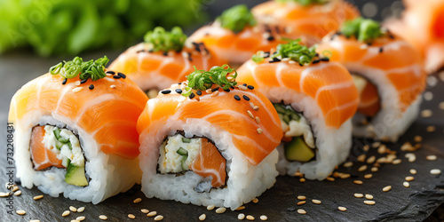 Japanese Cuisine Sushi Roll Pieces Closeup