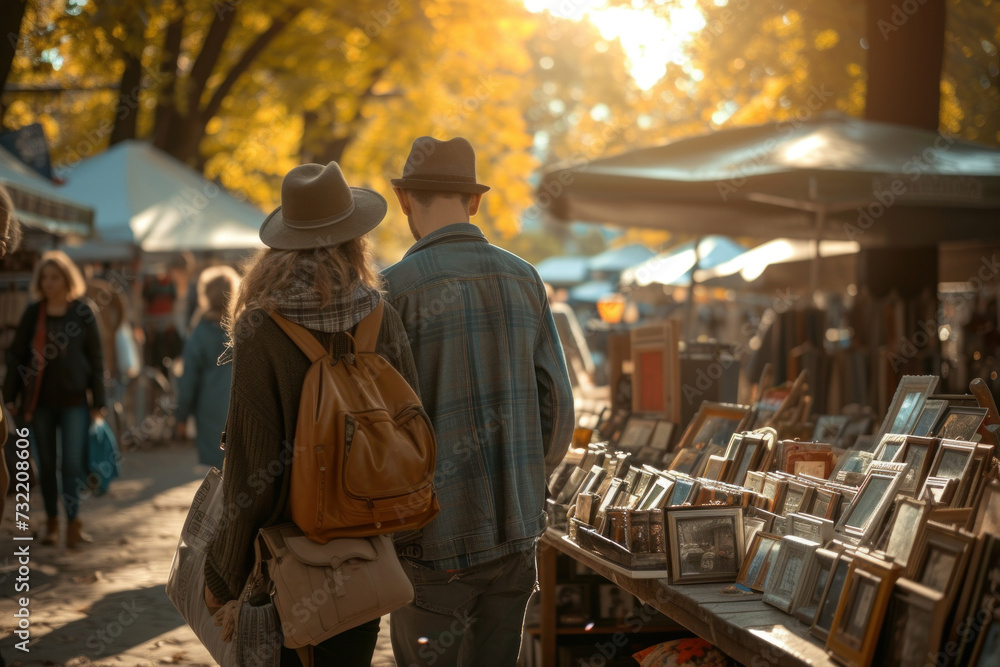 Autumn Stroll through the Book Market - Couple Exploring a Vintage Book Stall