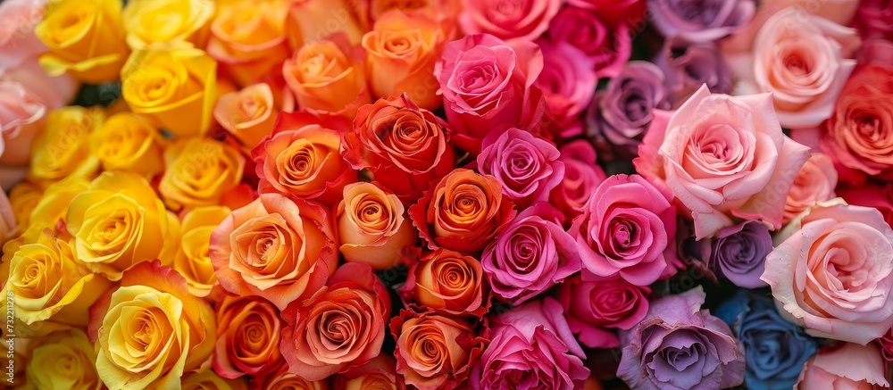 A bouquet of garden roses, including hybrid tea roses, in various vibrant colors like orange and pink, with their petals arranged beautifully, creating an eye-catching flower arrangement. A bouquet of garden roses, including hybrid tea roses, in various vibrant colors like orange and pink, with their petals arranged beautifully, creating an eye-catching flower arrangement.