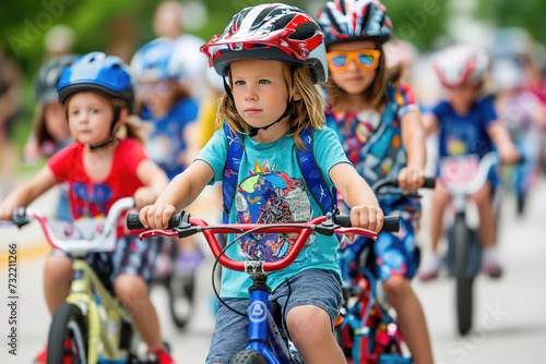 Focused Children Participating in a Bicycle Race Wearing Safety Helmets and Colorful Outfits