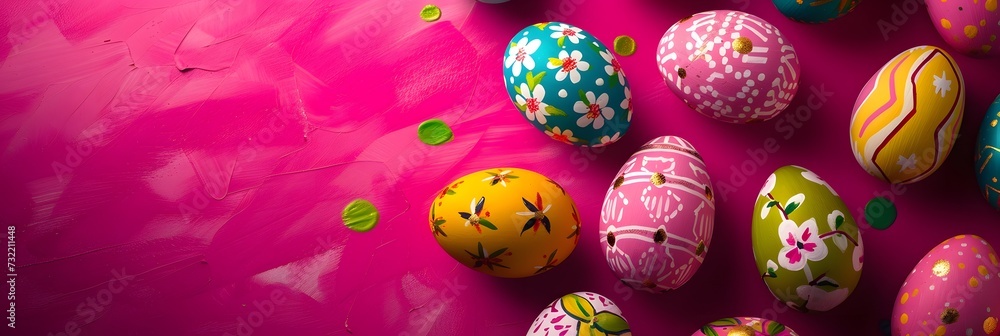 Brightly colored Easter eggs with decorations on a pink background, copyspace Easter theme banner - Generative ai