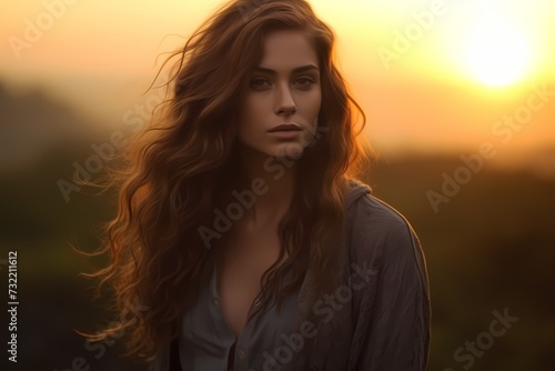 A model radiates natural beauty in simple attire, captured in the soft glow of dawn, showcasing the magic of early morning light.