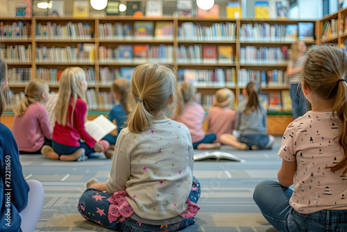 Children's Storytime Session in a Library with Kids Seated and Listening Attentively photo