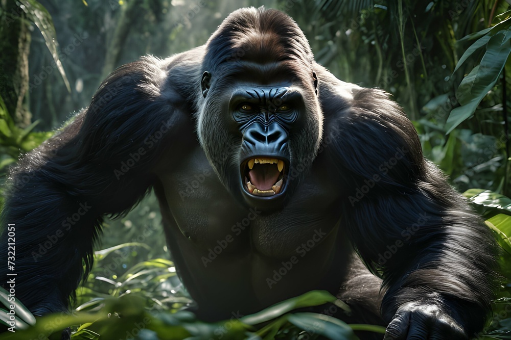 Angry aggressive gorilla in jungle