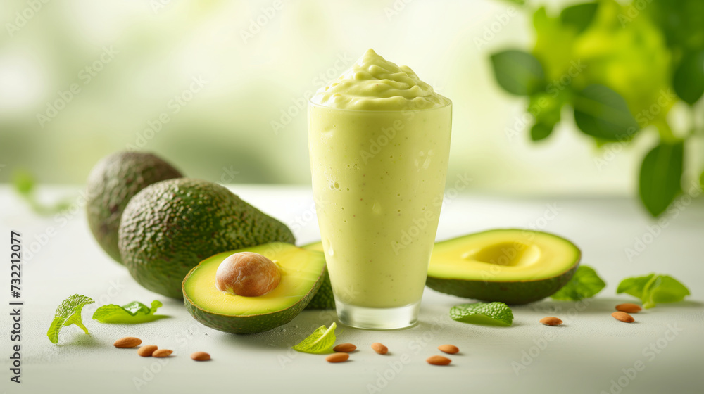 glass of fresh avocado smoothie on white table with sliced avocado and mint leaves on natural green background glass of fresh avocado smoothie on white table with sliced avocado and mint leaves on natural green background