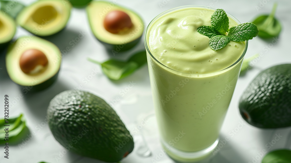 glass of fresh avocado smoothie on white table with sliced avocado and mint leaves glass of fresh avocado smoothie on white table with sliced avocado and mint leaves