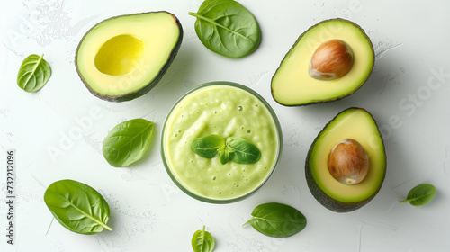 top view of glass of fresh avocado smoothie on white table with sliced avocado and green leaves