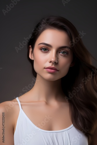 An HD close-up of a beautiful girl in light makeup, clad in a sleeveless white dress, ideal for a skincare or beauty product promotion against a professional studio background.