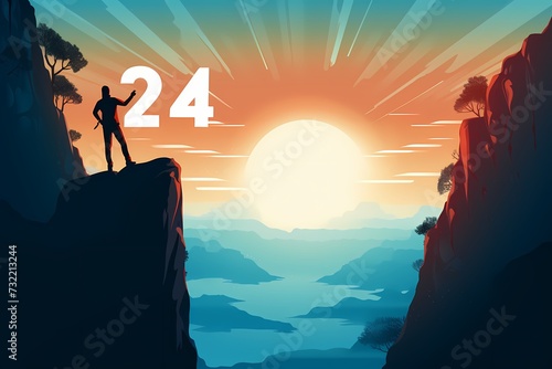 Man push number 3 down the cliff where has the number 2024 with blue sky and sunrise. It is symbol of starting and welcome
