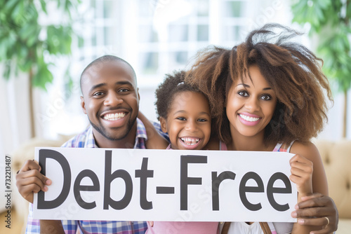 Happy Family Celebrating Financial Freedom with a 'Debt-Free' Sign photo