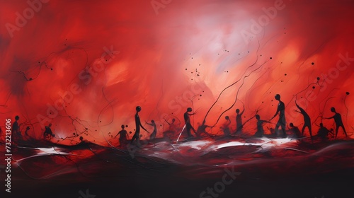 Abstract Red Art with Silhouette Figures Wallpaper Background
