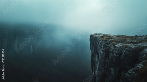 Rock cliff edge against a fog and clound dark sky with mountain