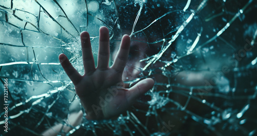 mental breakdown man breaking glass  window by hand struggle to break free photo