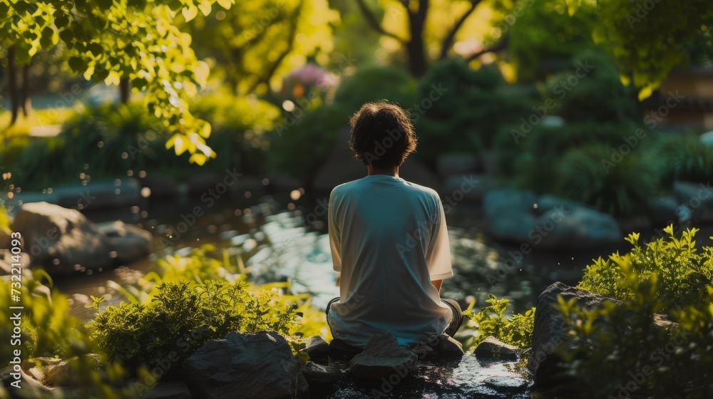 work life balance young man relaxation sitting by a pond in garden personal well being work life balance young man relaxation sitting by a pond in garden personal well being