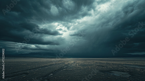 Heavy storm landscape with light rays and dark clound photo