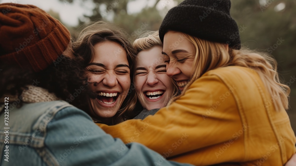 a group of women friends hug with smile and bonding love and friendship