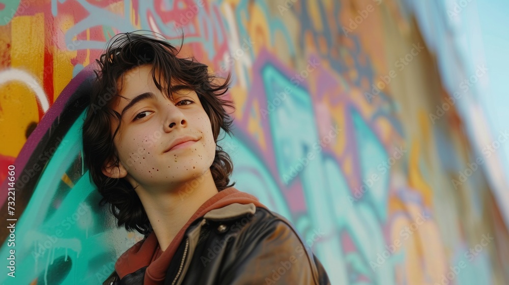 Fototapeta premium street art culture teenager man with a Freckled face tanding in front of a graffiti wall