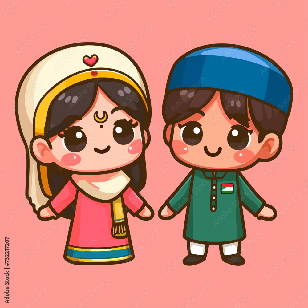 Cute cartoon Muslim girl and boy in traditional clothes. Vector illustration. Ramadan Kareem, Valentine's Day. couple, muslim and family concept. Cute cartoon Muslim girl and boy in traditional clothes. Vector illustration. Ramadan Kareem, Valentine's Day. couple, muslim and family concept.