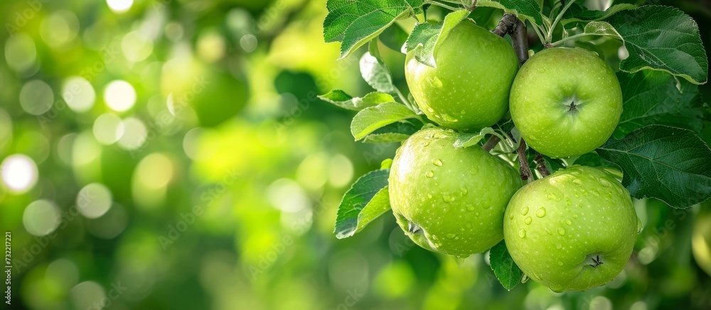 A cluster of green apples adorning a tree branch, showcasing nature's bounty of seedless fruit on a terrestrial plant.