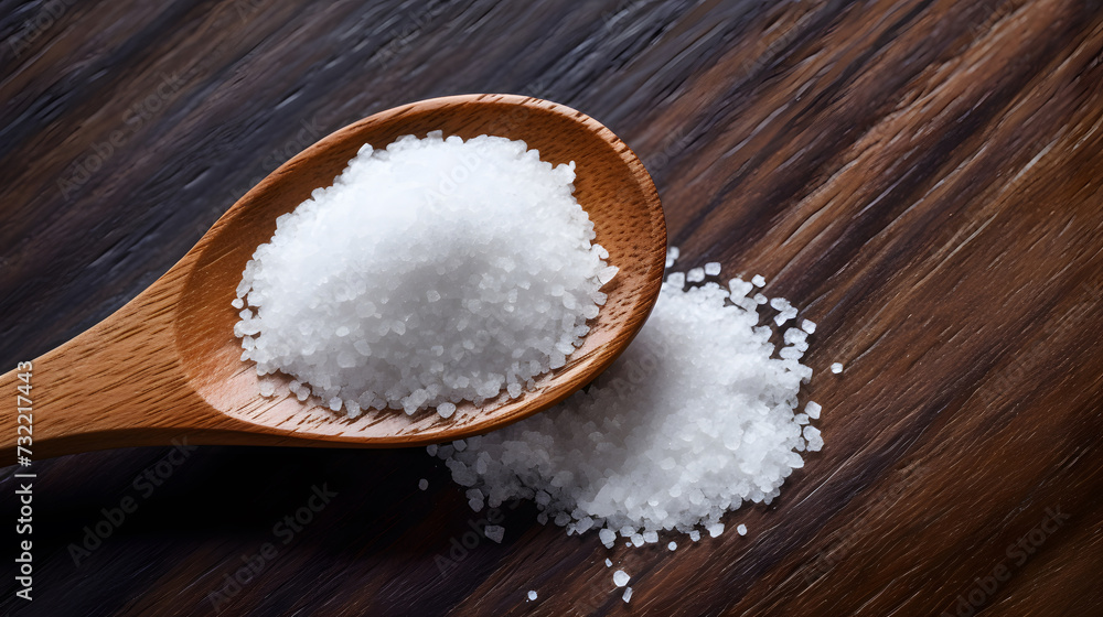 white sugar on wooden spoon