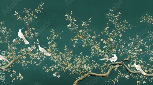 Elegant Birds and Floral Oriental Art Abstract Background