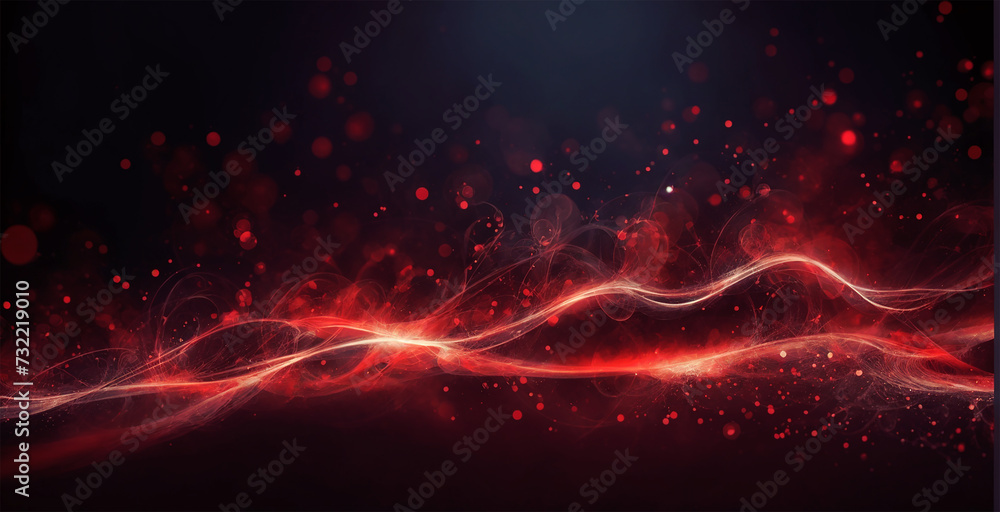 dark red background with glowing particles and wavy lines.
