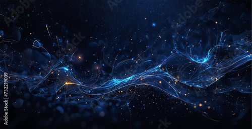 deep blue background with glowing sparks and gold particles.