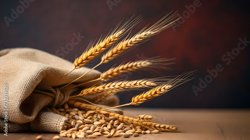 wheat on little gunny sack over isolated background