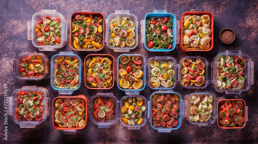 The food is colorful and appetizing, and the containers are placed on a brown surface. The food is colorful and appetizing, and the containers are placed on a brown surface.