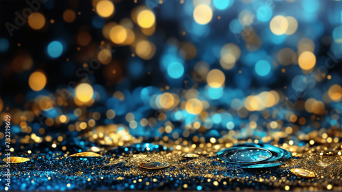 blue and black, with gold sparkles and bokeh effects scattered throughout.