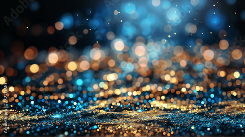 blue and black, with gold sparkles and bokeh effects scattered throughout.