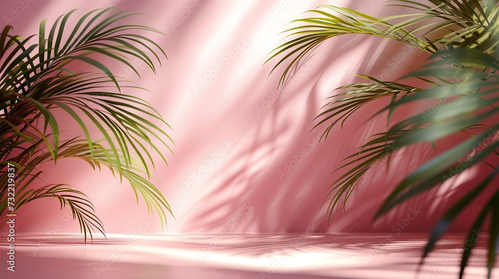 Blurred shadow from palm leaves on the light pink wall. Minimal abstract background for product presentation