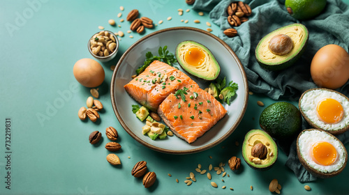 A plate with salmon, avocado, nuts, and eggs on a green background.