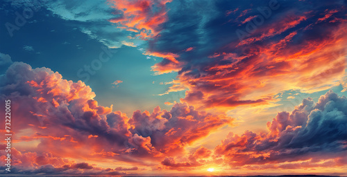 sunset with a sky on fire, orange and pink clouds contrasting with the blue sky, above a forest of green trees. photo