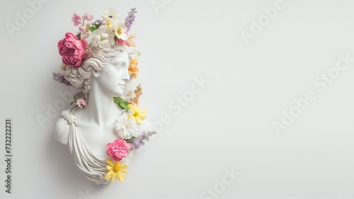 Konzept für den internationalen Weltfrauentag, Elegante Weiße Marmor Statue, Büste oder Skulptur einer Frau dekoriert mit Blumen isoliert vor weißem Hintergrund © Jennifer