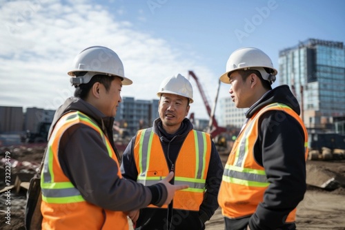Men builders in reflective vests and helmets pose for photo smiling during work break. Cheerful workers friends in warm uniforms stand on construction site.