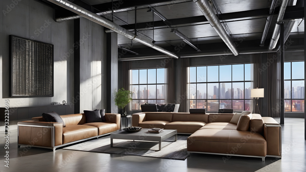 Fototapeta premium resting place, rest,Industrial Chic: Urban vibes blend with sleek metal finishes for modern comfort, Generative AI